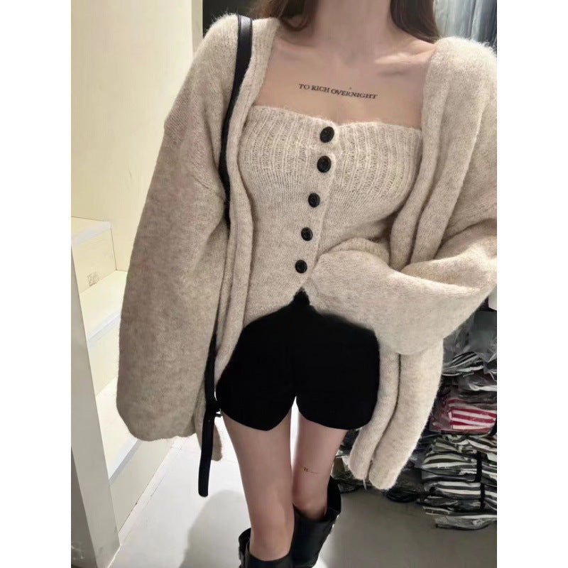 Damen Strickjacke Weit Knöpfe Beige - Norvielle