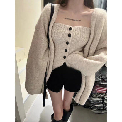 Damen Strickjacke Weit Knöpfe Beige - Norvielle