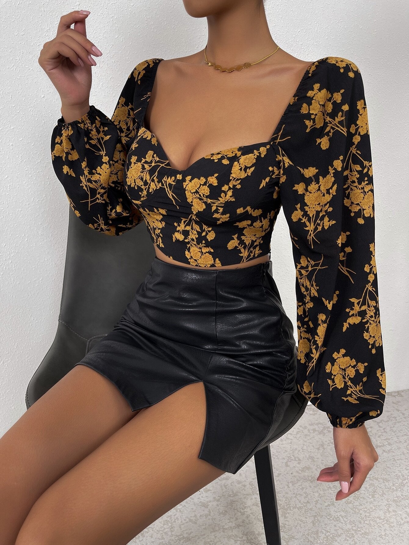 Damen Crop- Florales Muster Puffärmel Norvielle