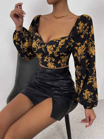 Damen Crop- Florales Muster Puffärmel Norvielle
