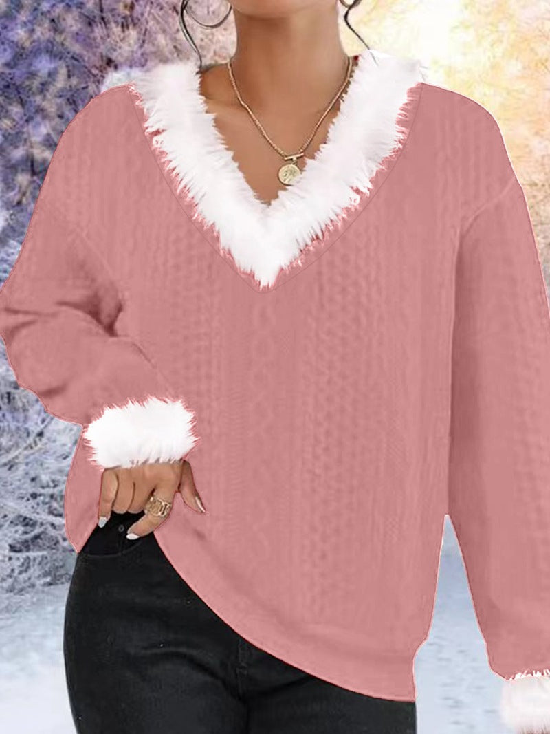 Damen Strickpullover V-Ausschnitt Kontrastpelzbesatz Norvielle