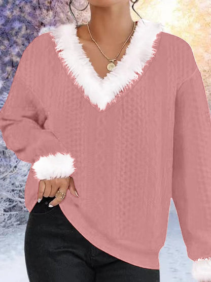 Damen Strickpullover V-Ausschnitt Kontrastpelzbesatz Norvielle