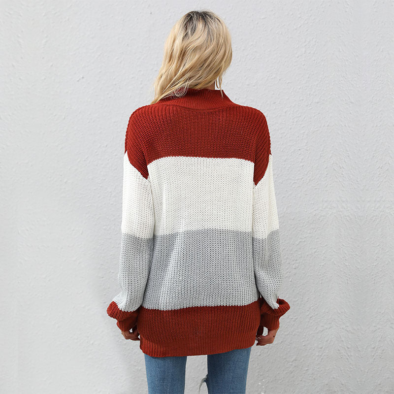 Damen Strickpullover Hochkragen Blockstreifen Norvielle