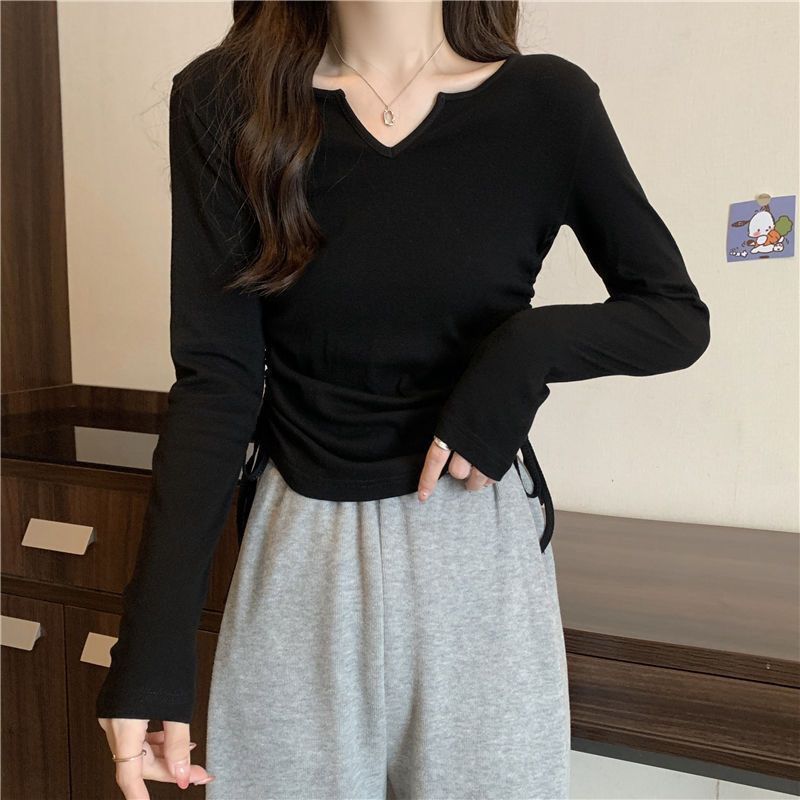 Damen Langarmshirt V-Ausschnitt Raffung Norvielle