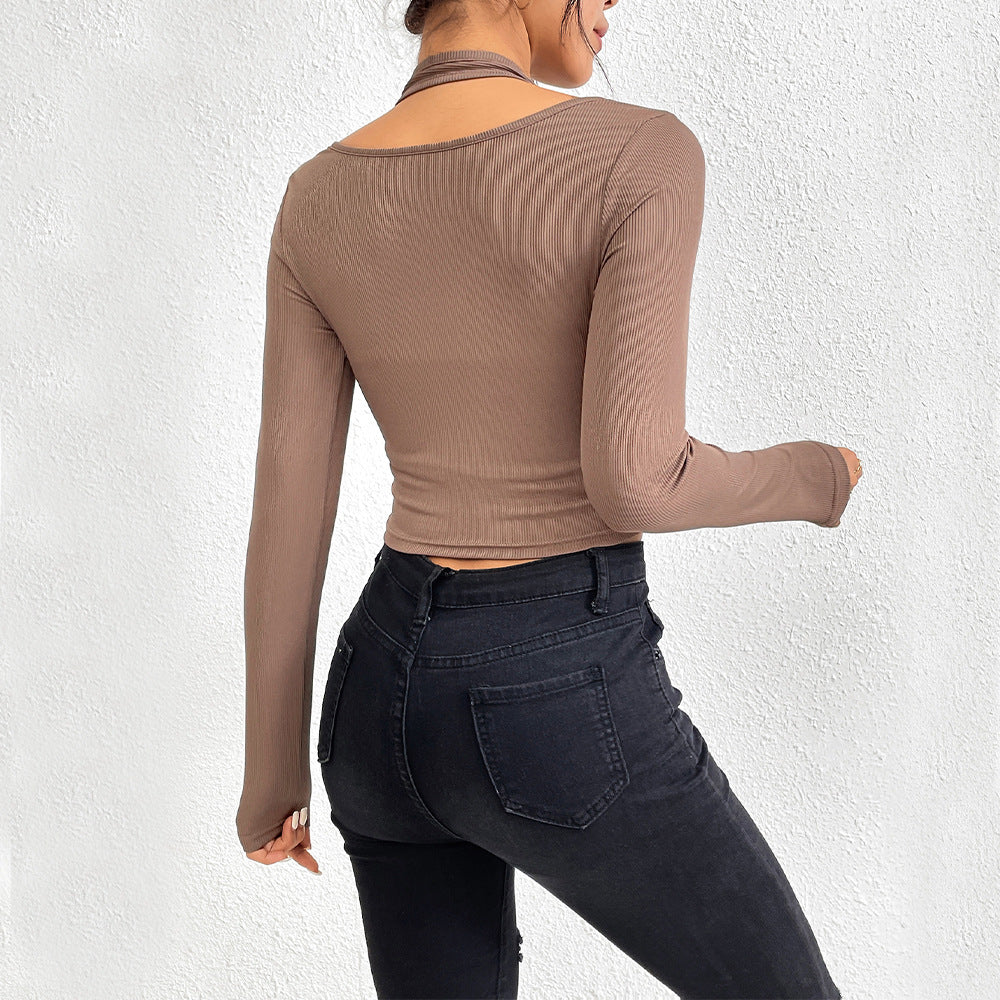 Damen Cropped Langarmshirt Twist-Design Multifarben