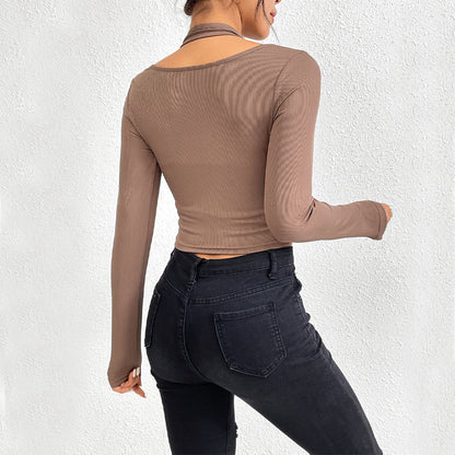 Damen Cropped Langarmshirt Twist-Design Multifarben