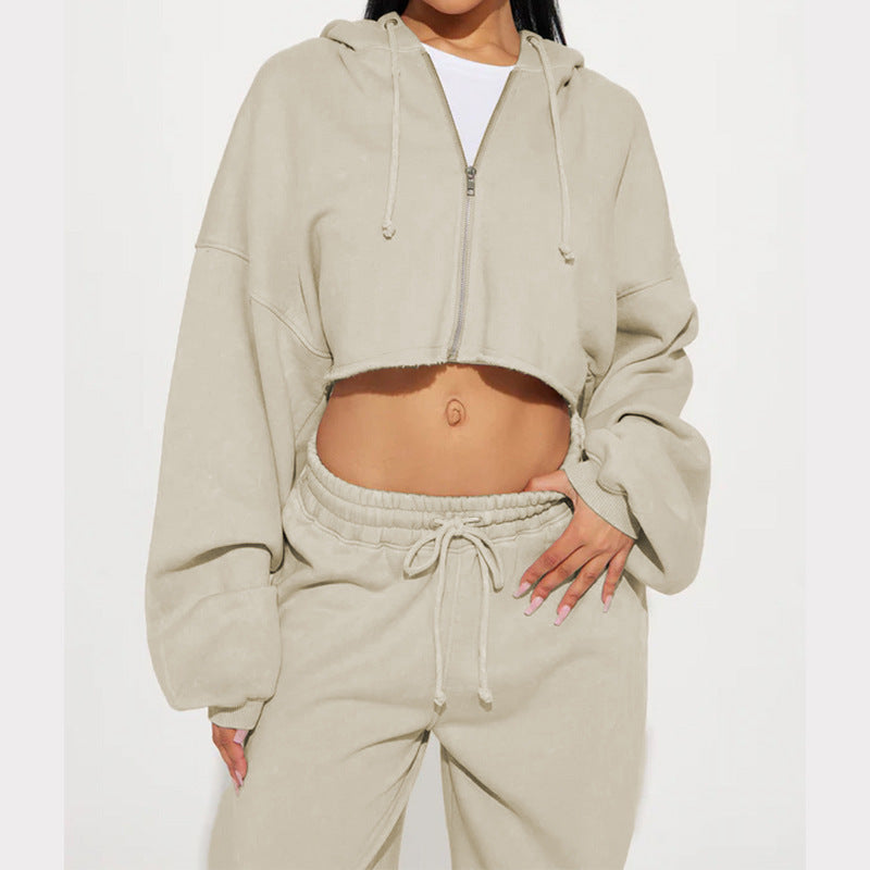 Damen Fleece-Jogginganzug Cropped Hochtailliert Weit Norvielle