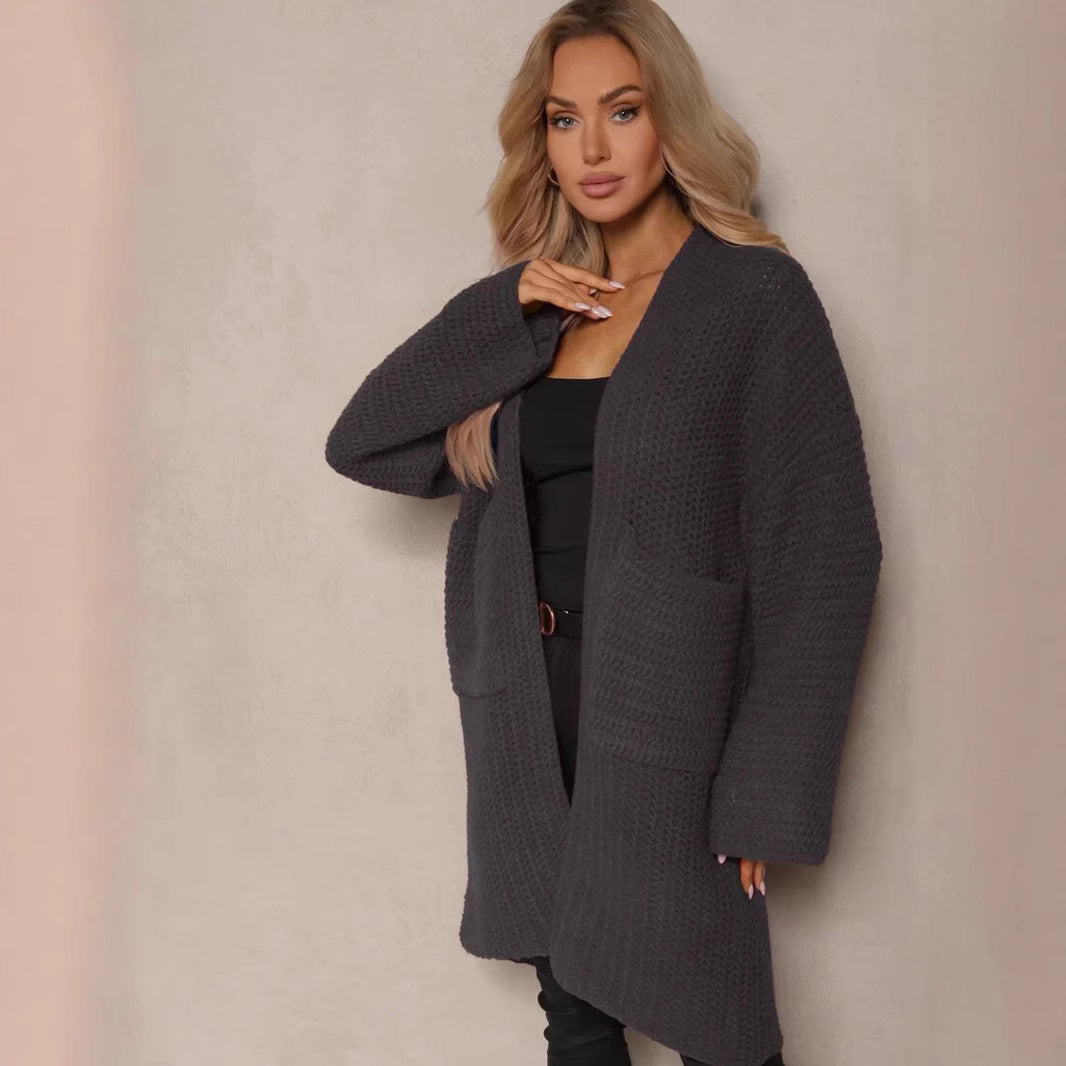 Damen Oversized Strickjacke V-Ausschnitt Taschen Norvielle