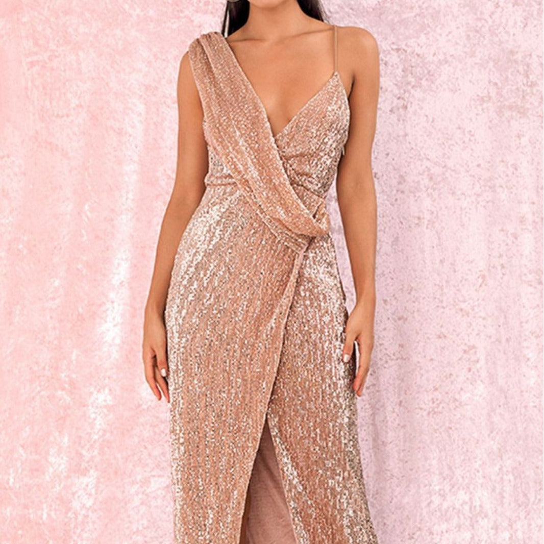 Damen Abendkleid Glitzer Wickeloptik Hochschlitz Norvielle - Norvielle