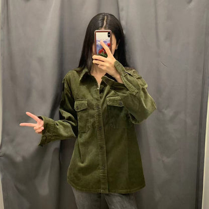 Damen Kordjacke Lässig Brusttaschen Beige