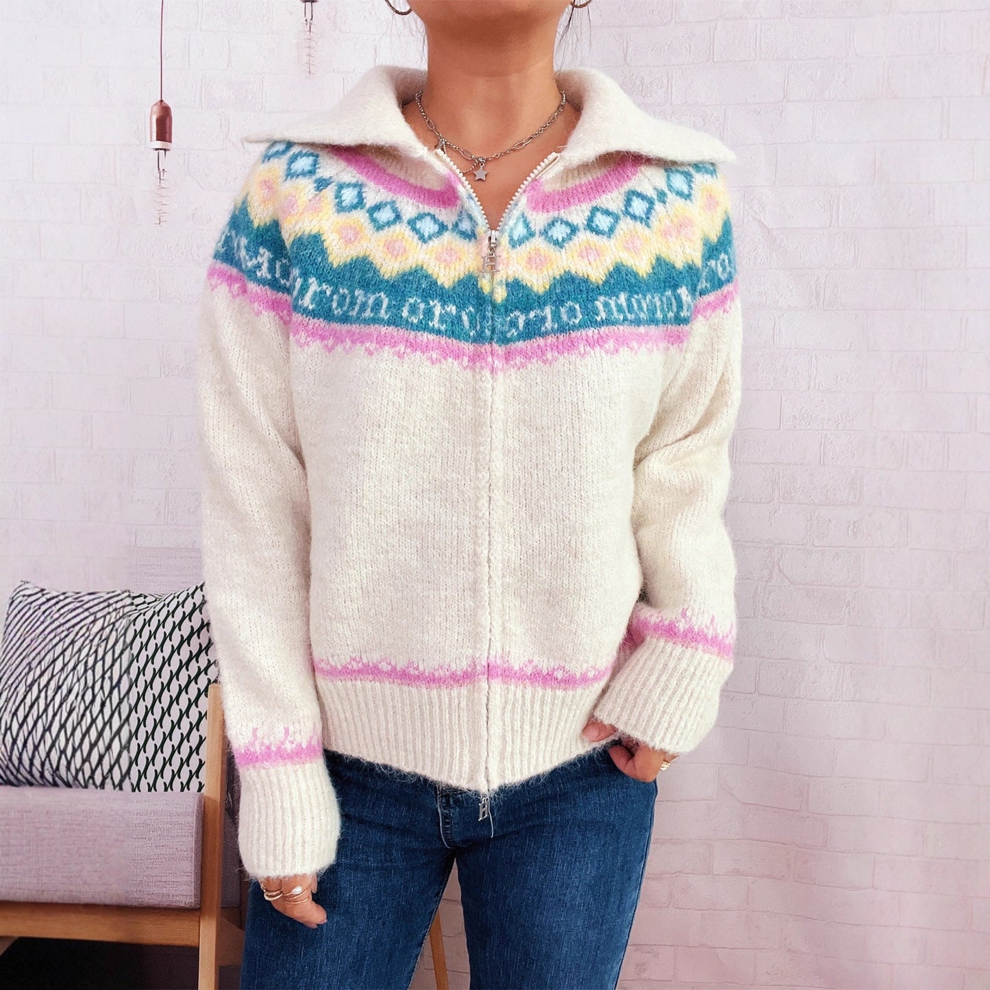 Damen Strickjacke Floralmuster Modern Reißverschluss Norvielle