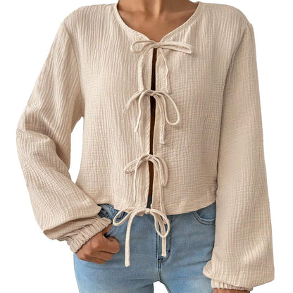 Damen Cropped Bluse Raffinierte Schnürdetails Norvielle
