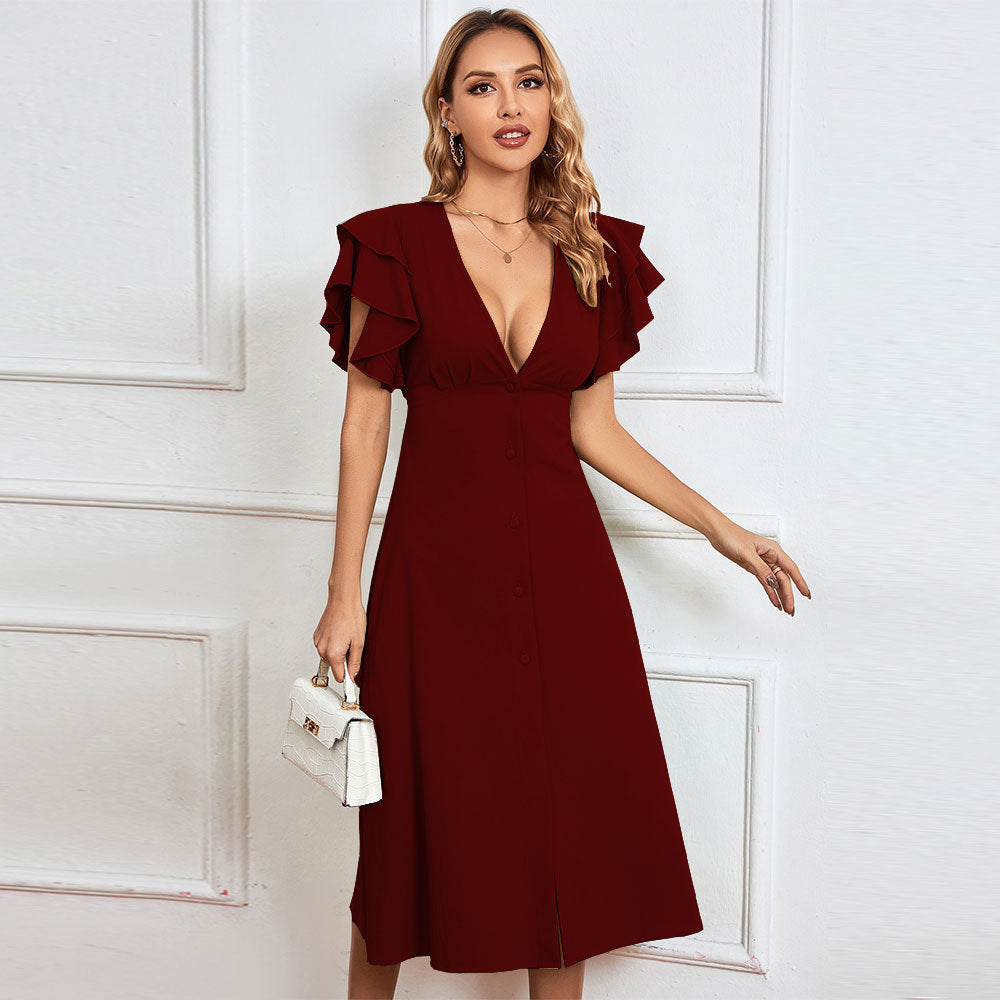 Damen Midikleid Rüschendetails Knopfleiste Norvielle