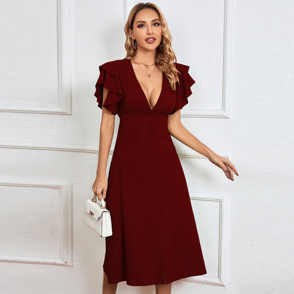 Damen Midikleid Rüschendetails Knopfleiste Norvielle