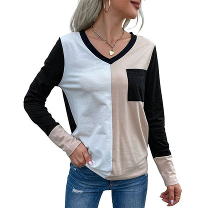 Damen Langarm T-Shirt Colorblock Muster mit Brusttasche