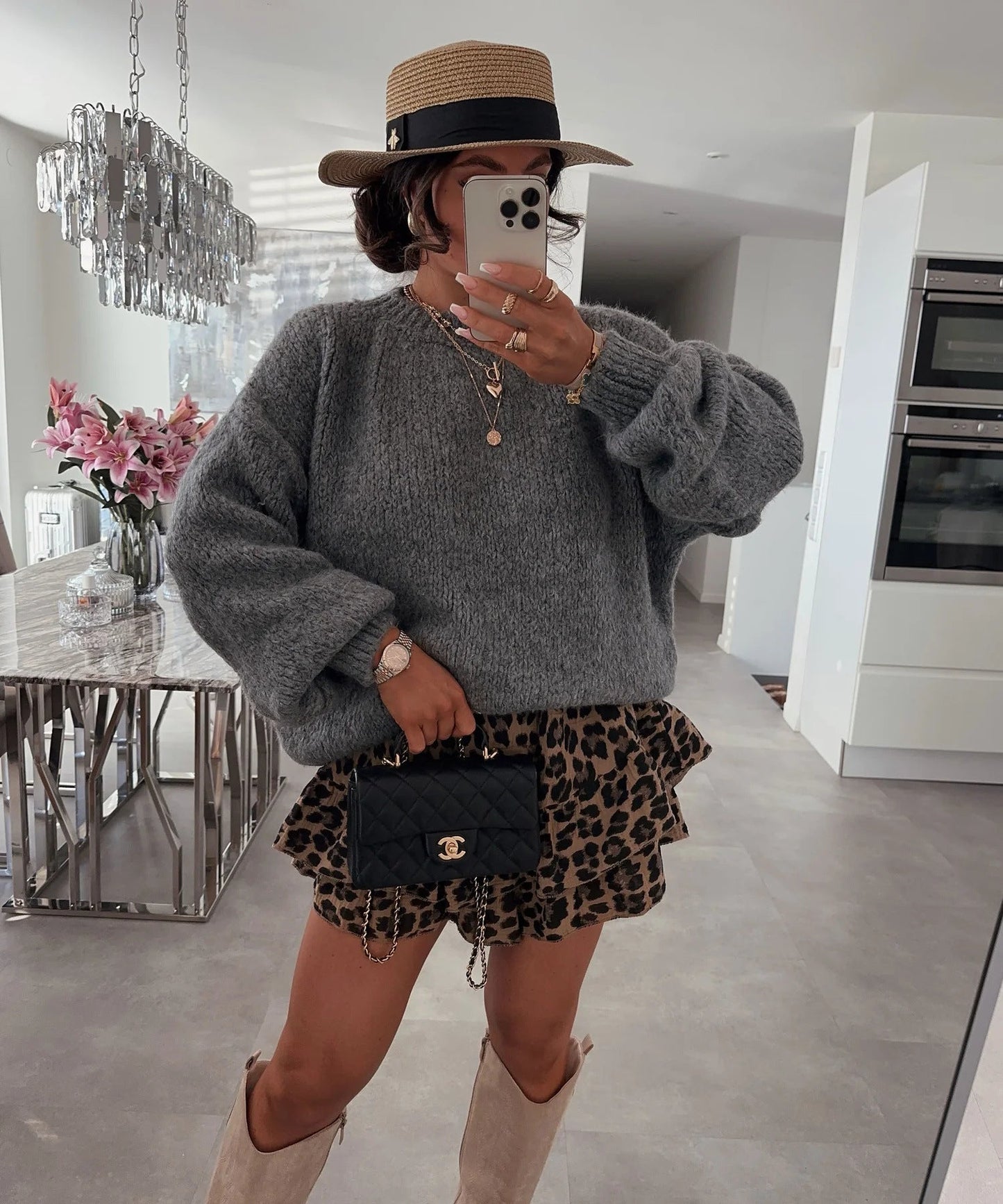 Damen Strickpullover Luftiger Look Voluminöse Ärmel Norvielle