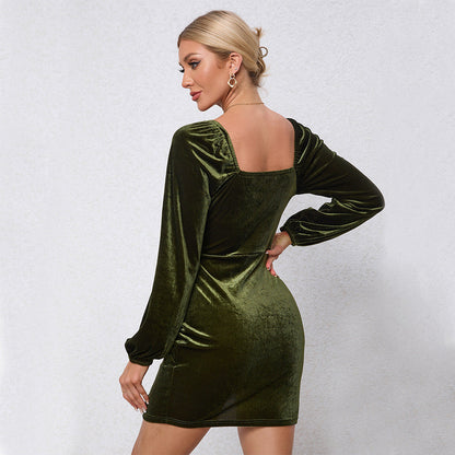 Damen Samt Minikleid mit Schlüsselausschnitt und Puffärmeln