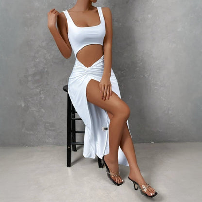 Damen Maxi-Kleid Cut-Out Wickeldesign Hochschlitz Norvielle