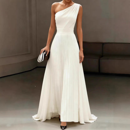 Damen Elegantes Schulterkleid mit Plissee und fließendem Saum - Norvielle