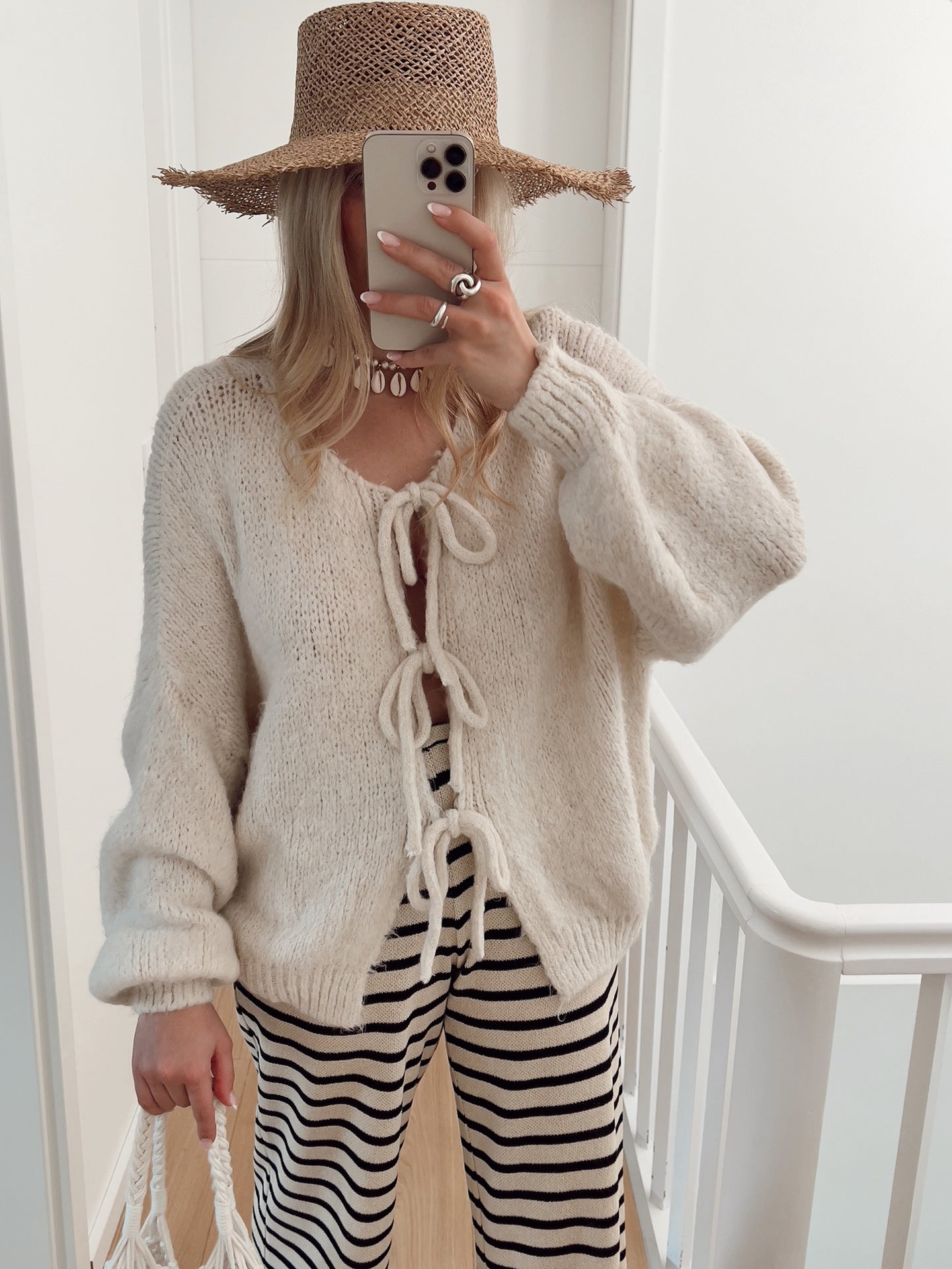 Damen Cardigan Pullover Solid Farbe Rundhals Mit Schnürung