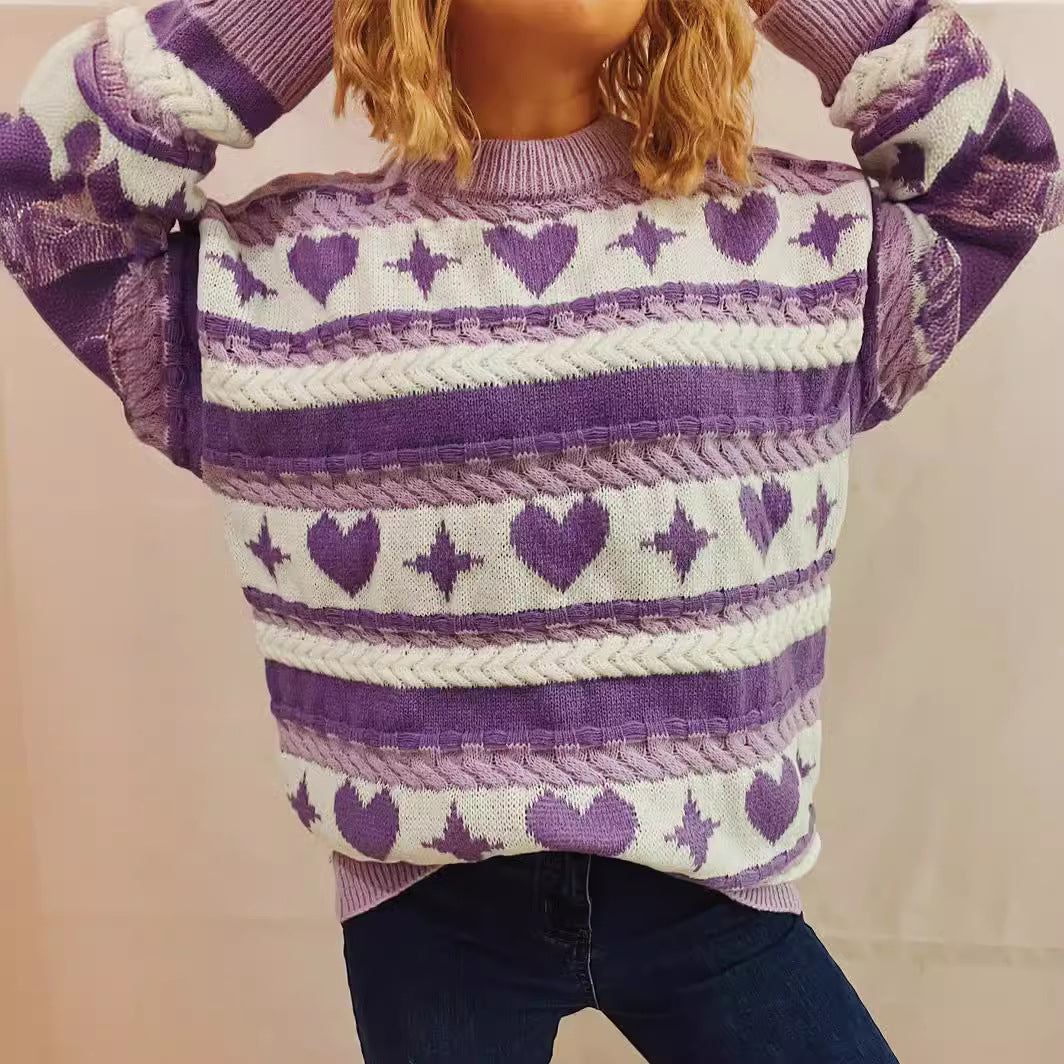 Damen Pullover Grobgestrickt Herzförmiges Muster Breite Streifen