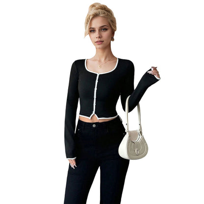 Damen Cropped Langarmshirt Feines Knopfdesign Kontrast Saum