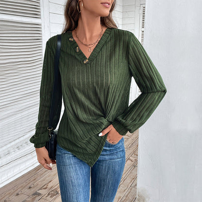 Damen Langarmshirt V-Ausschnitt Dekorative Knöpfe Norvielle