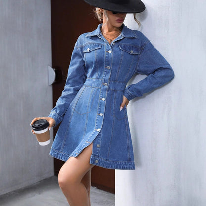 Damen Denim Hemdkleid A-Linie mit Knöpfen und schwingendem Rock