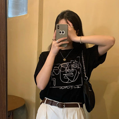 Damen T-Shirt mit Linienkunst-Motiv und lässiger Passform