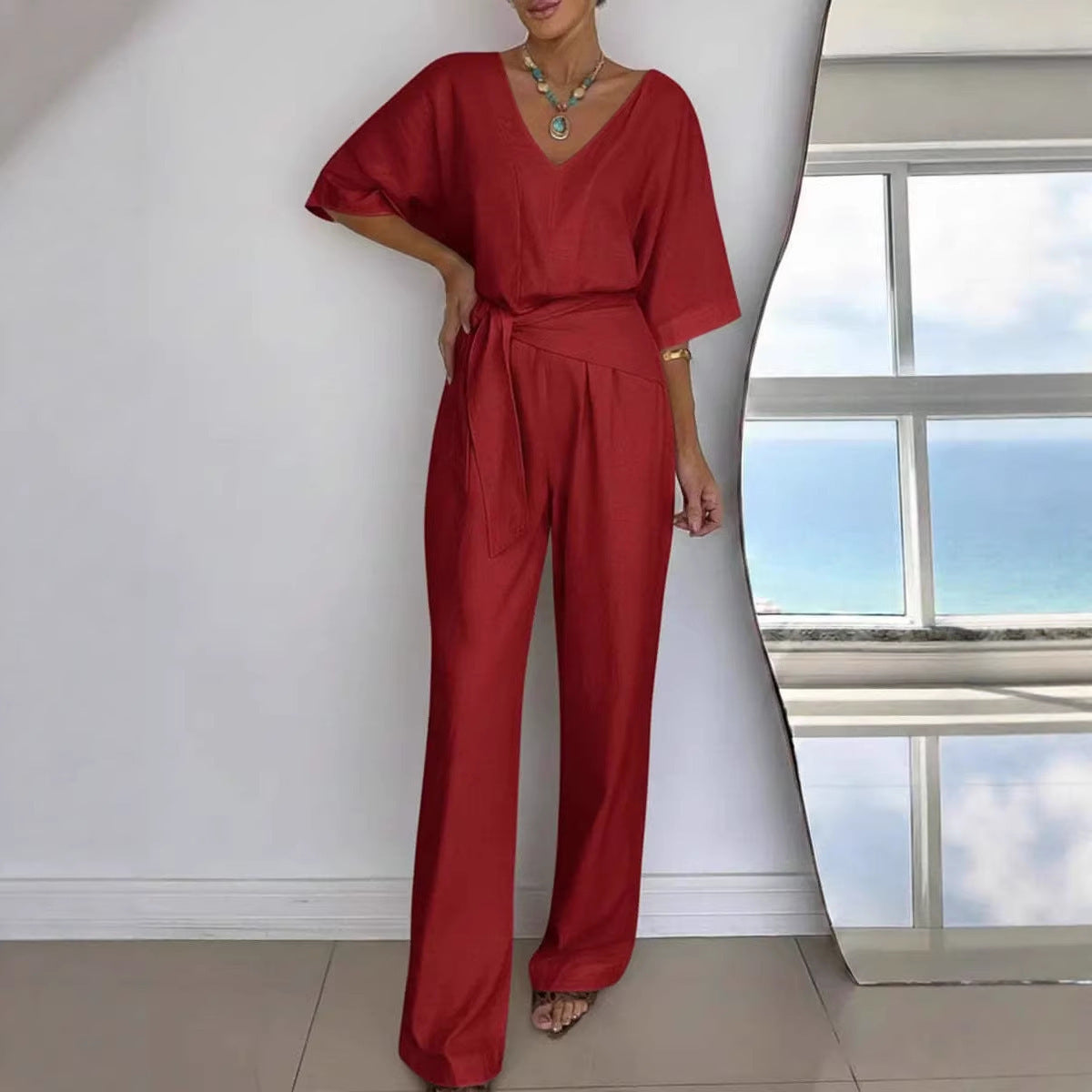 Damen Jumpsuit Tailliert Wickelgürtel Elegant