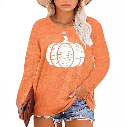 Damen Langarmshirt Kürbis-Motiv Baumwolle Herbstfarben - Norvielle