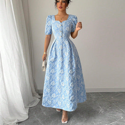 Damen Maxikleid Florale Applikationen Puffärmel Norvielle