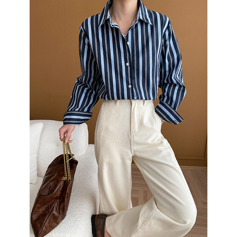 Damen Bluse Streifenmuster Eleganter Kragen Weiß - Norvielle