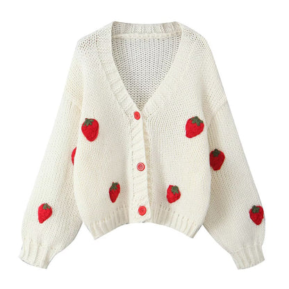 Damen Strickjacke Erdbeer-Motiv Norvielle