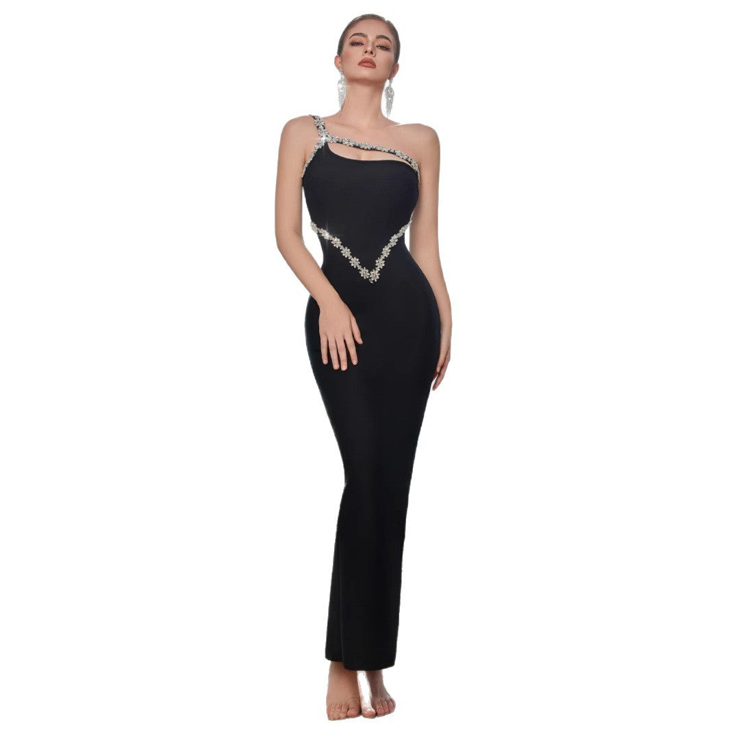 Damen Abendkleid Asymmetrischer Trägerschnitt Strass Norvielle