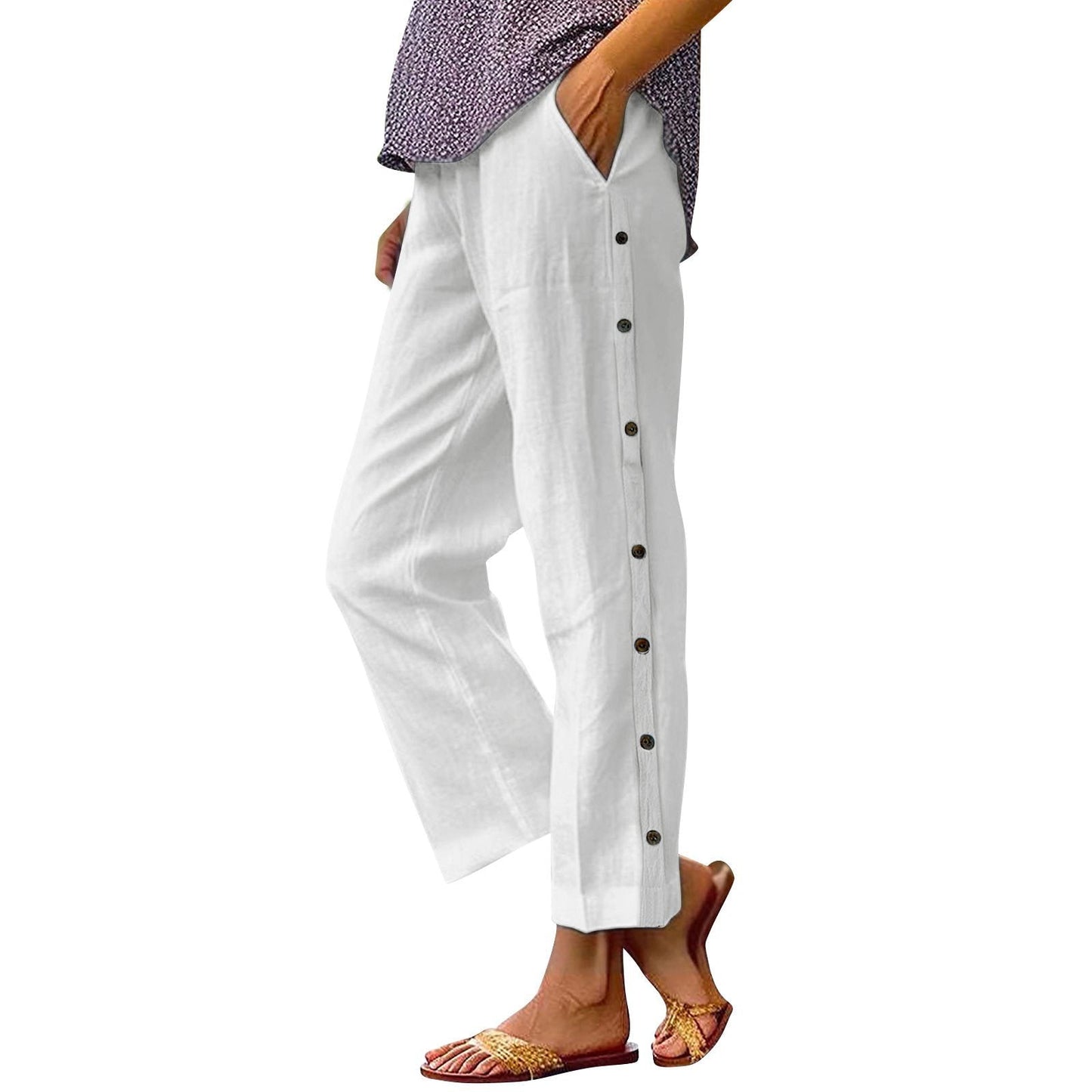 Damen Leinenhose Bequem Mit Knöpfen