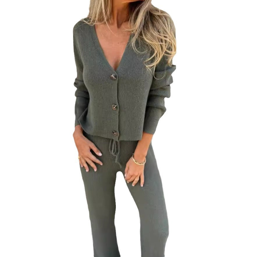 Damen Strickanzug V-Ausschnitt Elegant Knöpfe Norvielle