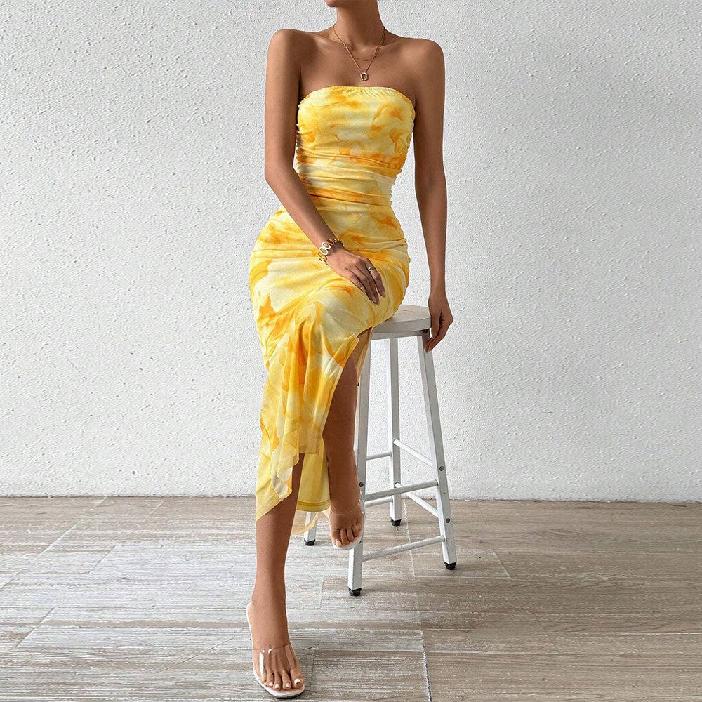 Damen Maxikleid Lang Hülsenform Bandeau-Ausschnitt Hochschlitz