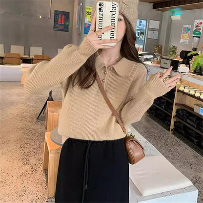 Damen Pullover Strukturiert Polo-Kragen Knöpfe Beige