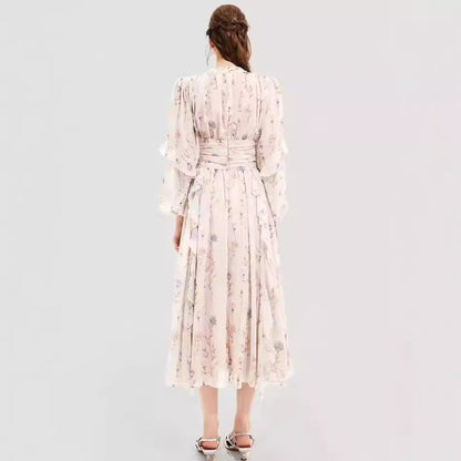 Damen Midi-Kleid Florale Stickerei Rüschensaum Norvielle
