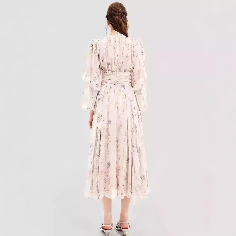 Damen Maxikleid mit Rüschen und Halsbündchen Floral