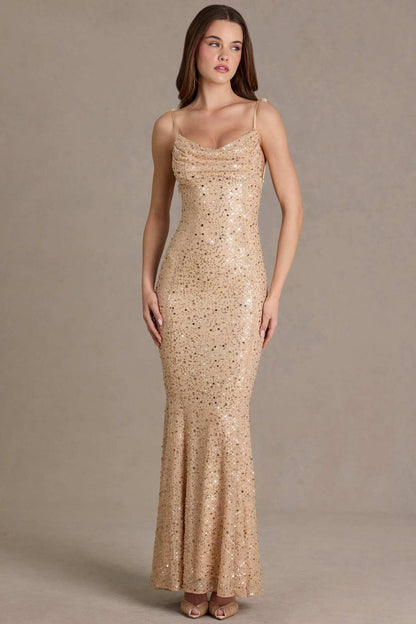 Damen Maxi-Kleid Pailletten Wasserfallausschnitt Figurbetonter Stoff