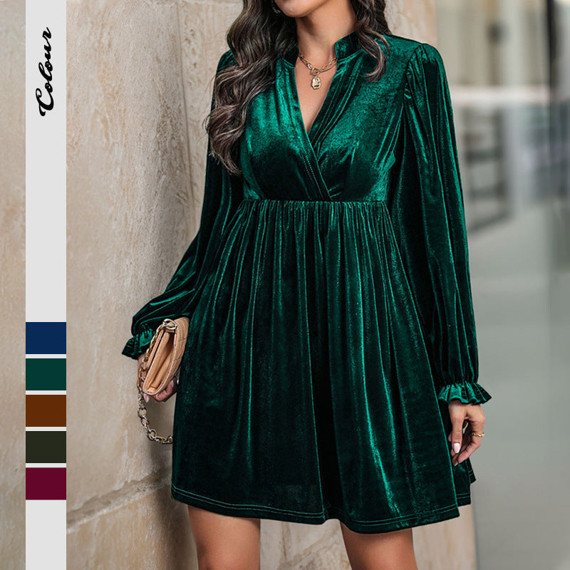 Damen Wickelkleid Samt Langarm Schwarz - Norvielle