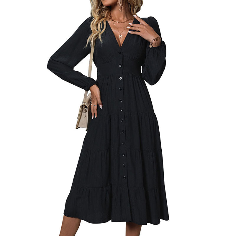 Damen Midi-Kleid Wickelkleid mit Knöpfen schwingend