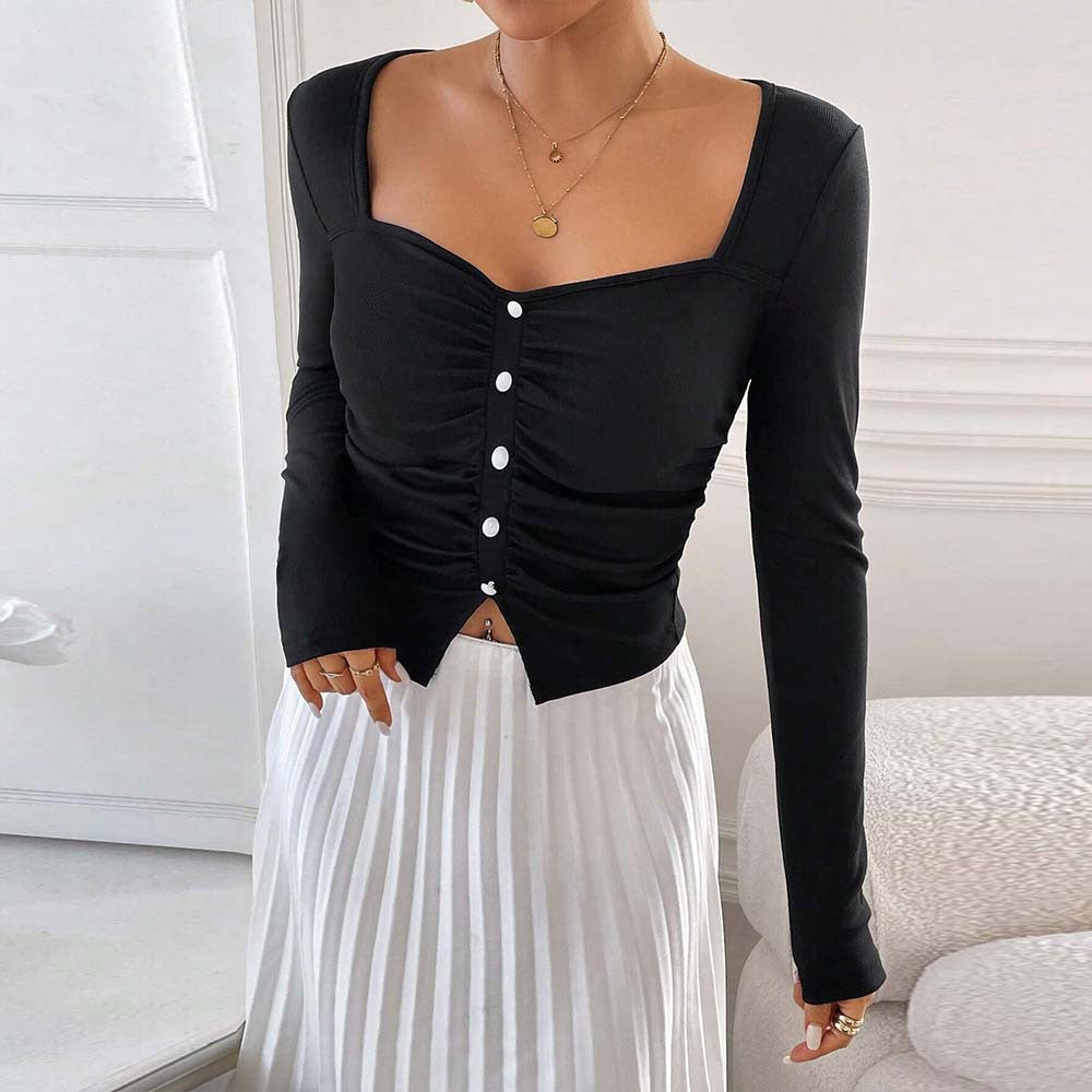 Damen Crop- Langarm Raffdesign Dekorativer Knopf Detail Blütenweiß