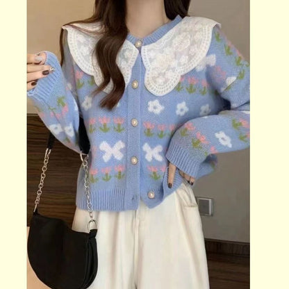 Damen Strickjacke Floralmuster Großkragen Norvielle