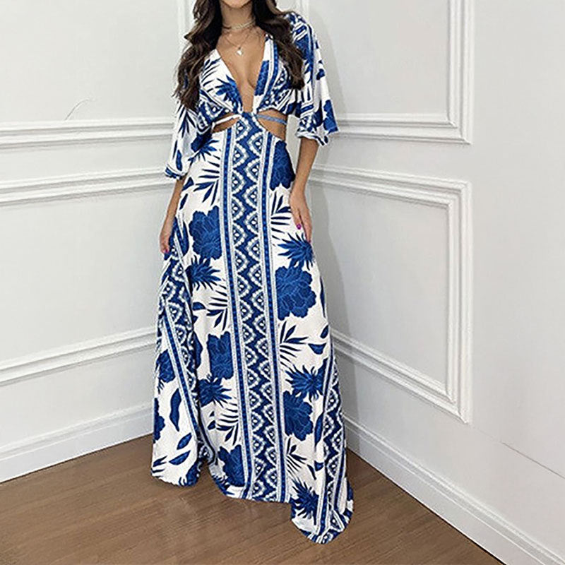 Damen Maxi-Kleid V-Ausschnitt Wellenmuster Norvielle