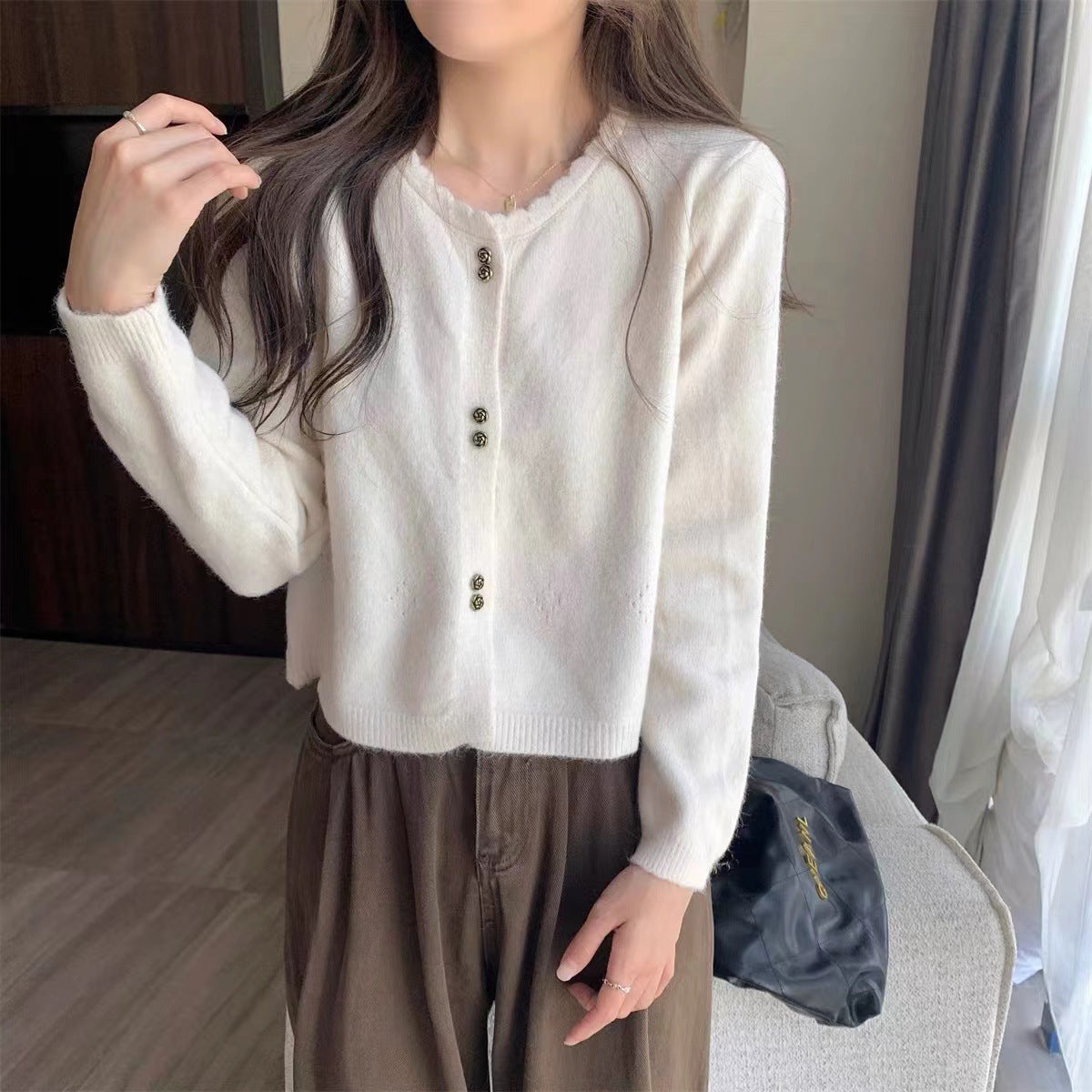 Damen Strickjacke Kuschelig Knopfverschluss Beige Norvielle