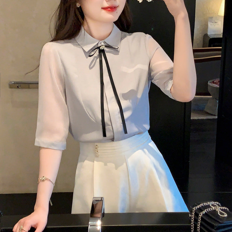 Damen Bluse Dekorativer Kragen Transparente Ärmel