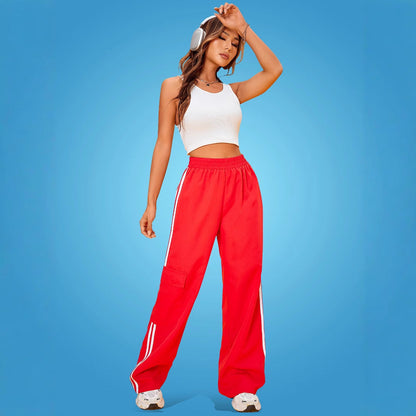 Damen Sporthose Weite Fit Seitliche Streifen Cargo Taschen